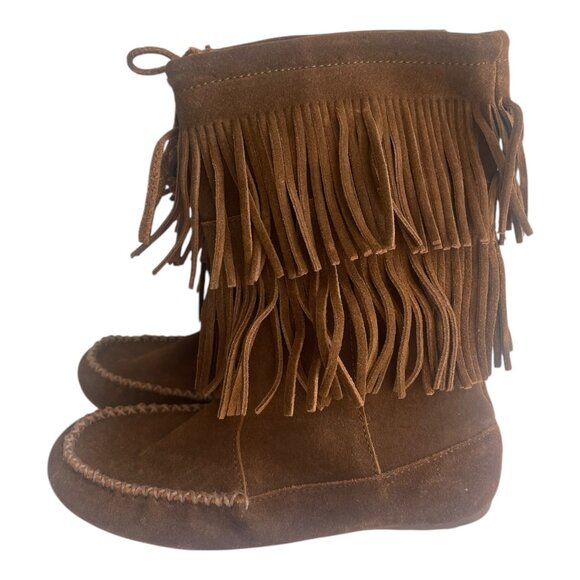 Minnetonka Brown Suede Leather Double Fringe Moccasin Boots Women's Size 6.5 - Picture 4 of 8